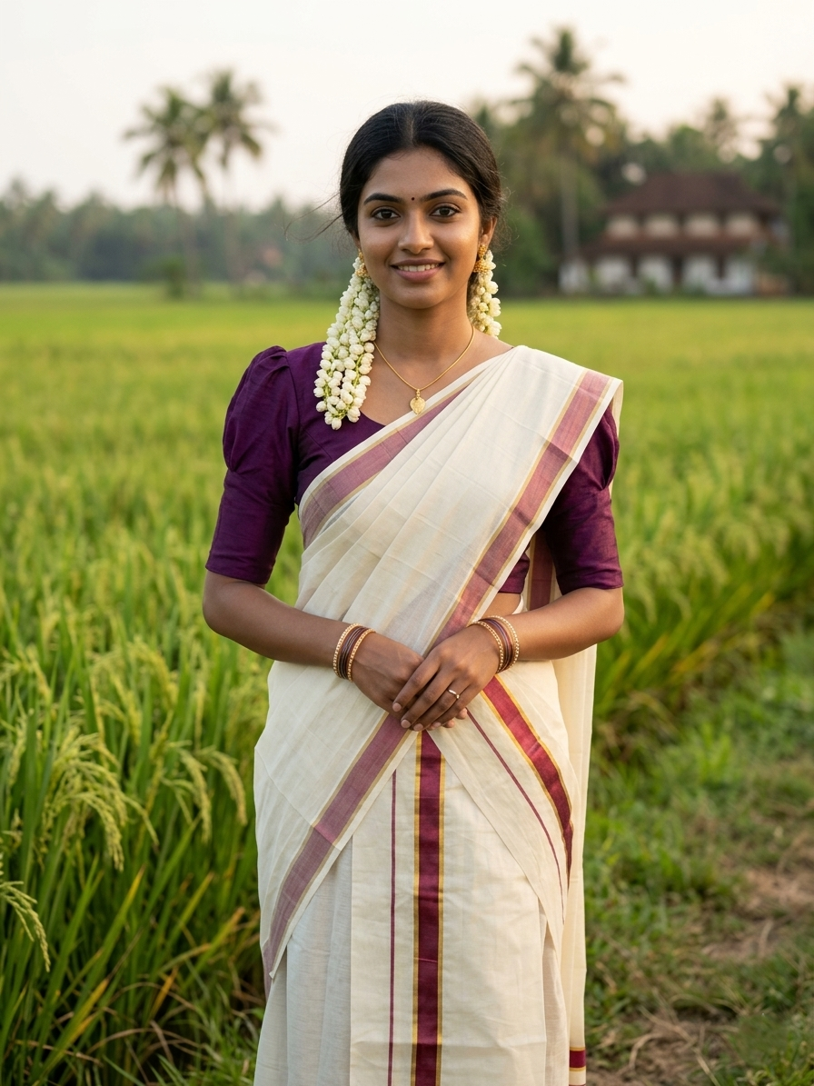 Southloom Pure Cotton Kerala Kasavu Set Mundu (Mundum Neriyathum) Kasavu & Purple Border in 2.80 Mtrs