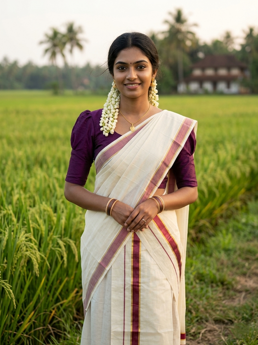 Southloom Pure Cotton Kerala Kasavu Set Mundu (Mundum Neriyathum) Kasavu & Purple Border in 2.80 Mtrs