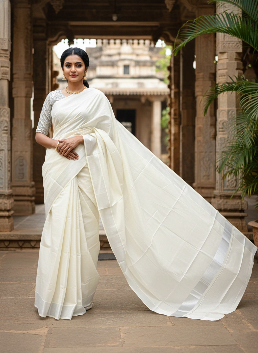 Southloom Silver Kasavu Tissue Plain Kerala Saree