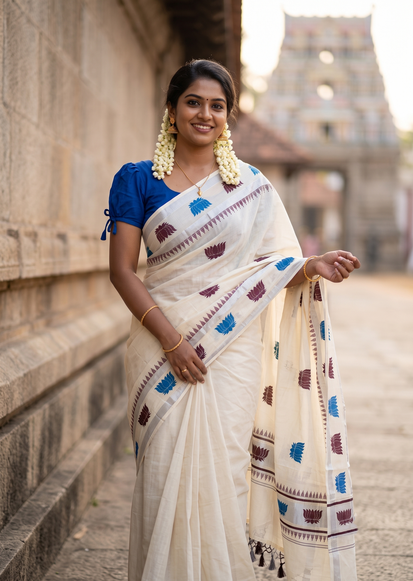 Southloom Cotton Kerala Kasavu Saree with Lotus Digital Print on Body in Blue and Brown SL519