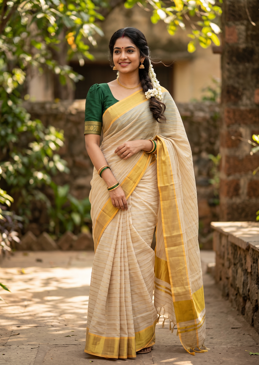 Southloom Super Premium Balaramapuram Handloom Cotton Saree With Golden Stripes Works on Body