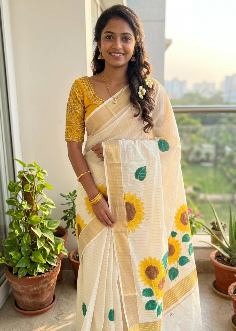 Kerala Cotton Lines Saree With Sun Flower Print SLfloral