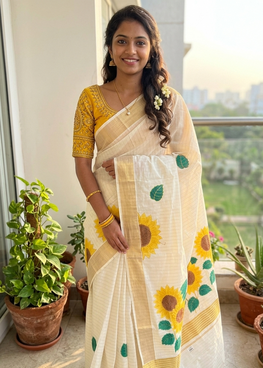 Kerala Cotton Lines Saree With Sun Flower Print SLfloral