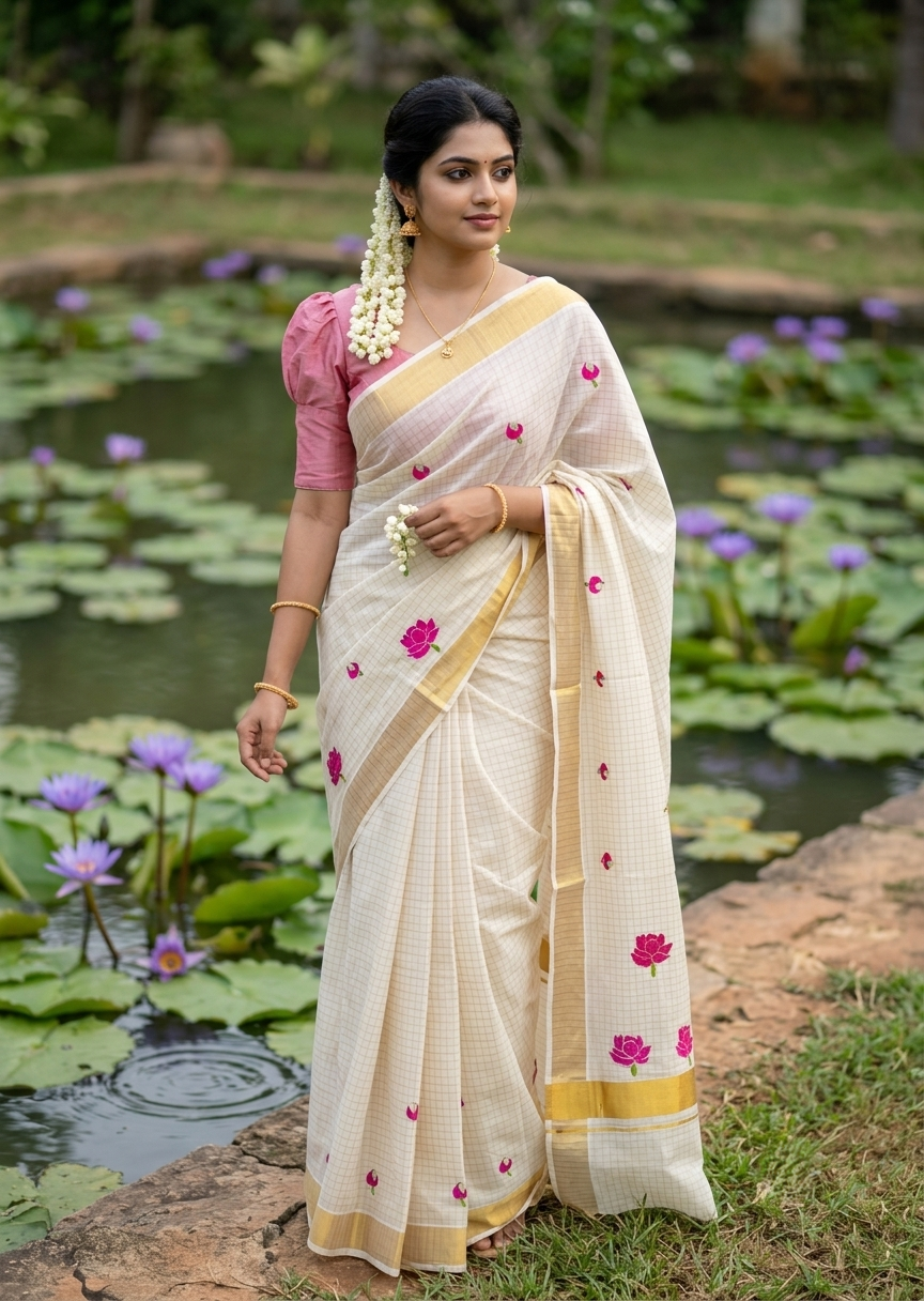 Southloom Kerala Cotton Check Kasavu Saree with Pink Lotus Embroidery Design