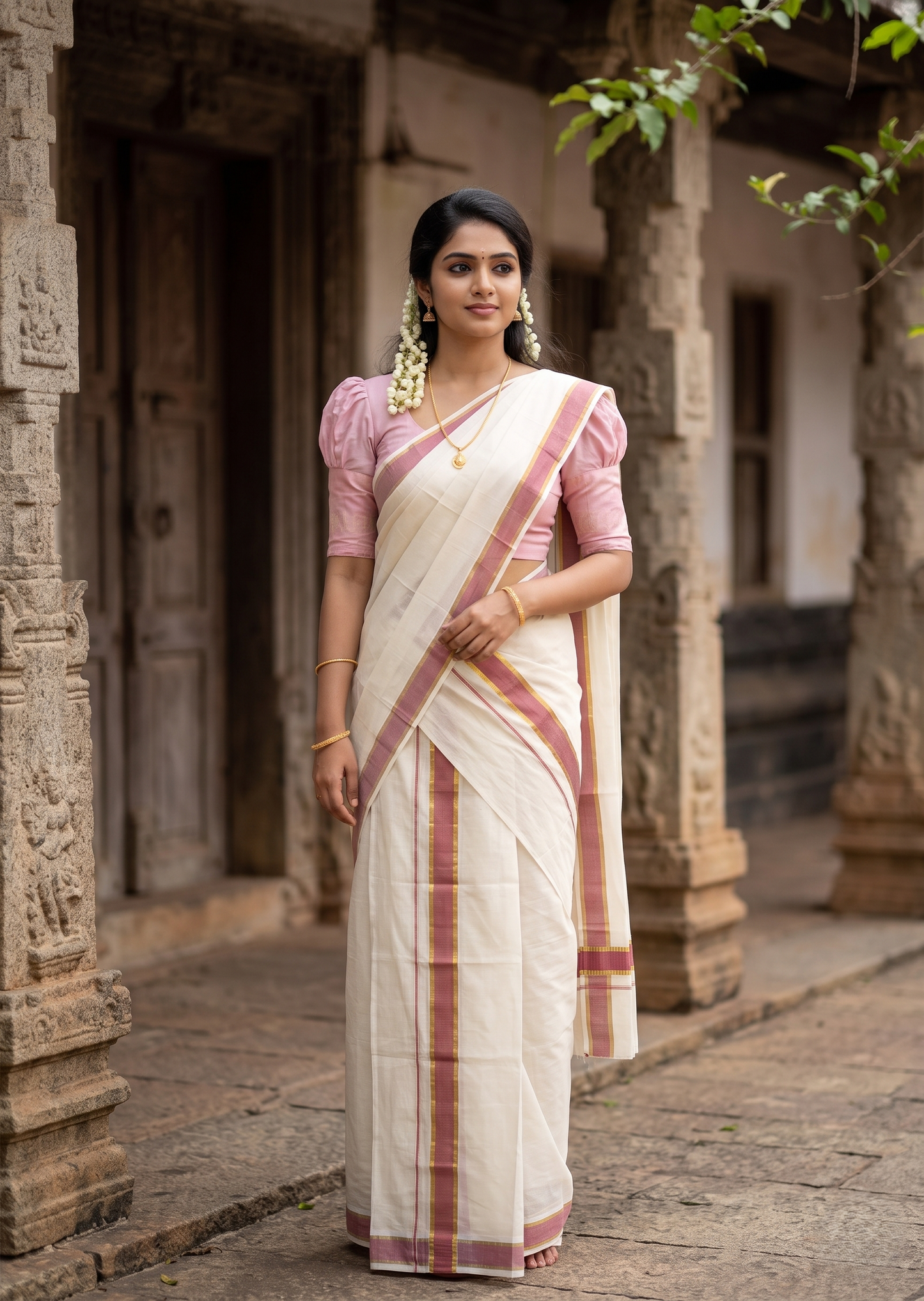 Southloom Pure Cotton Kerala Kasavu Set Mundu (Mundum Neriyathum) Kasavu & Light Pink Border in 2.80 Mtrs SLKK SL470