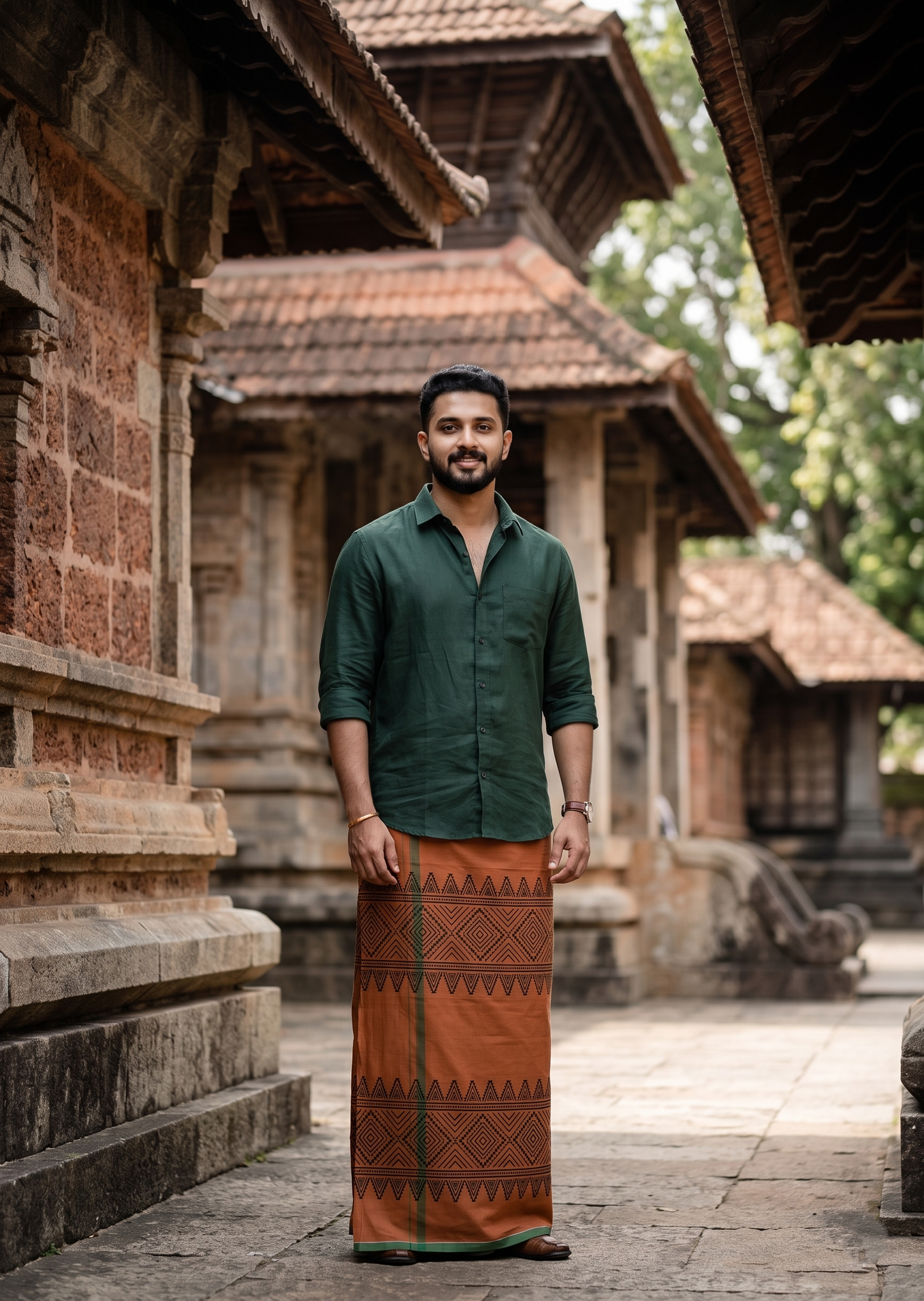 Southloom Saffron (Kaavi) Black Printed Single Mundu / Lungi (South Indian Kerala Dhoti) SL319
