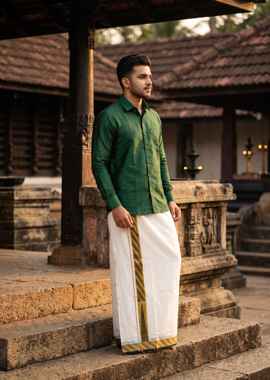 Southloom Kerala Pure Cotton Double Mundu with Gold and Black Kasavu Border (South Indian Dhoti)