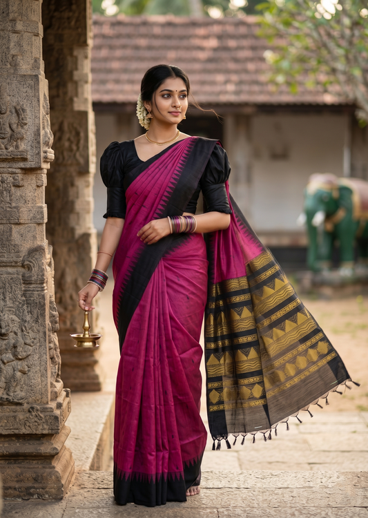 Southloom Kalyani Cotton Saree In Pink And Black With Woven Work on the Body and Borders