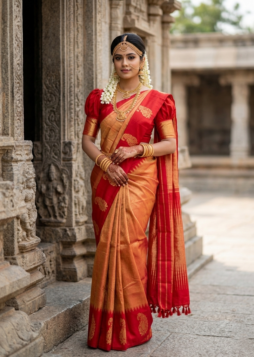 Southloom Pure Handloom Bridal Kanchipuram Silk Saree with Korvai Work (Red)