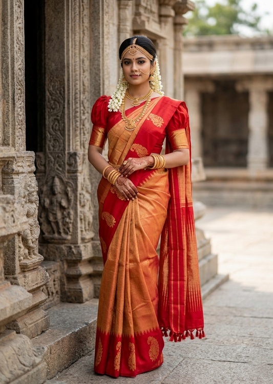 Southloom Pure Handloom Bridal Kanchipuram Silk Saree with Korvai Work (Red)