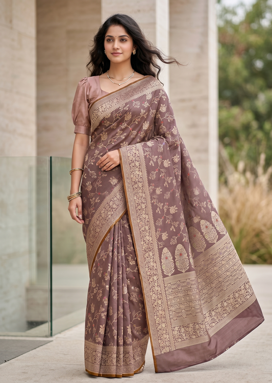 Southloom Pure Banarasi Silk Saree with Woven Work on Body and Borders (Pastel Brown)