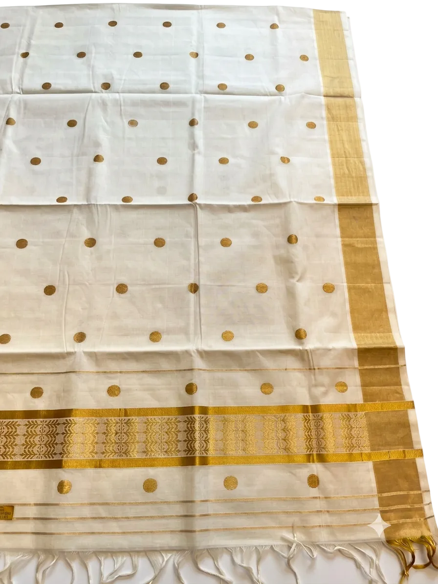 Southloom Kerala Cotton Handloom Balaramapuram Saree With Gold Polka Dot Design On Body SL635