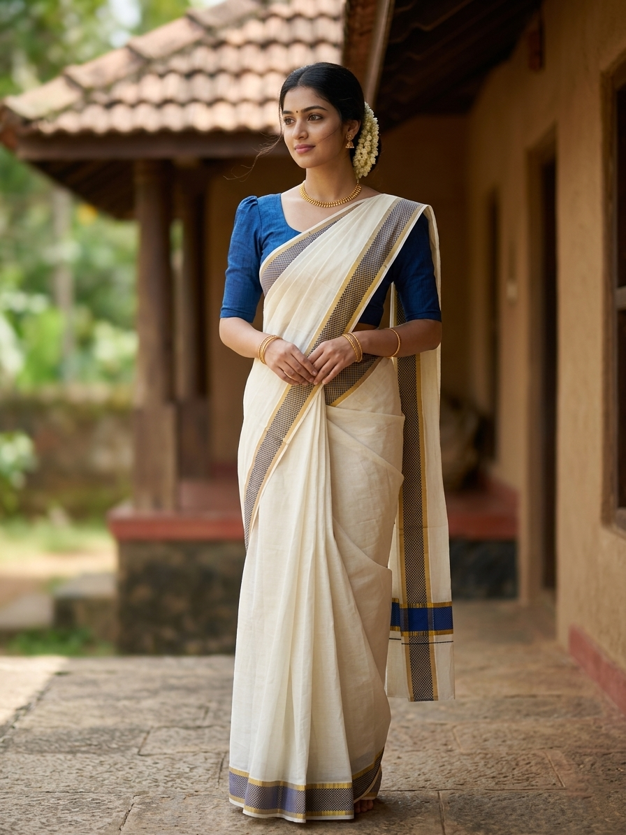 Southloom Kerala Kasavu Cotton Saree with Blue Colour Paa Neythu Border