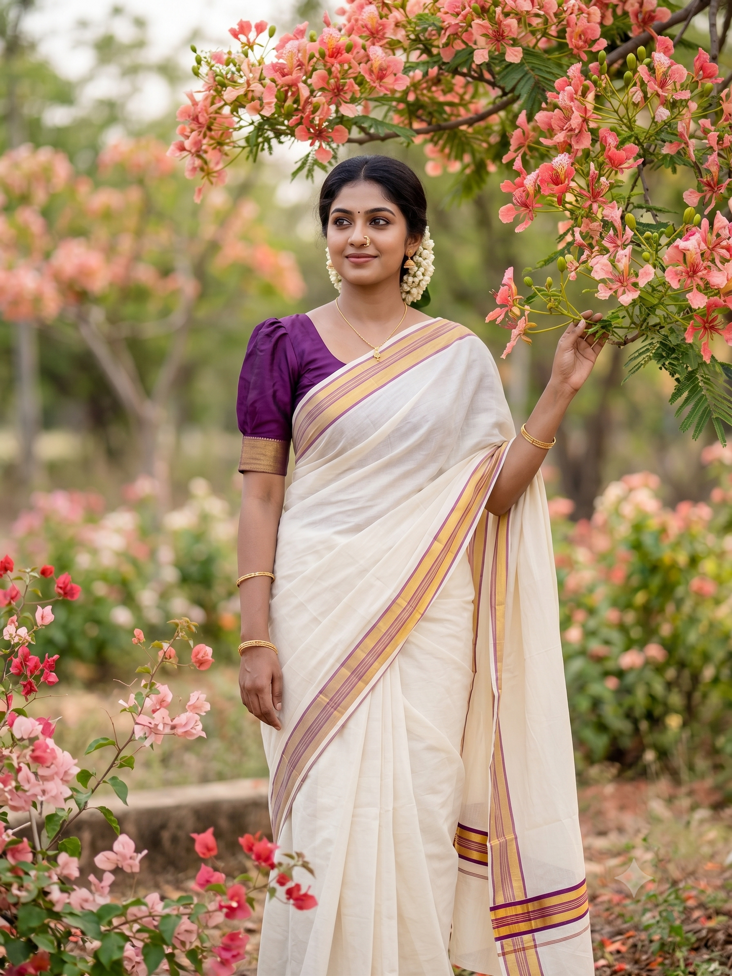 Southloom Kerala Cotton Kasavu Saree with Magenta Border