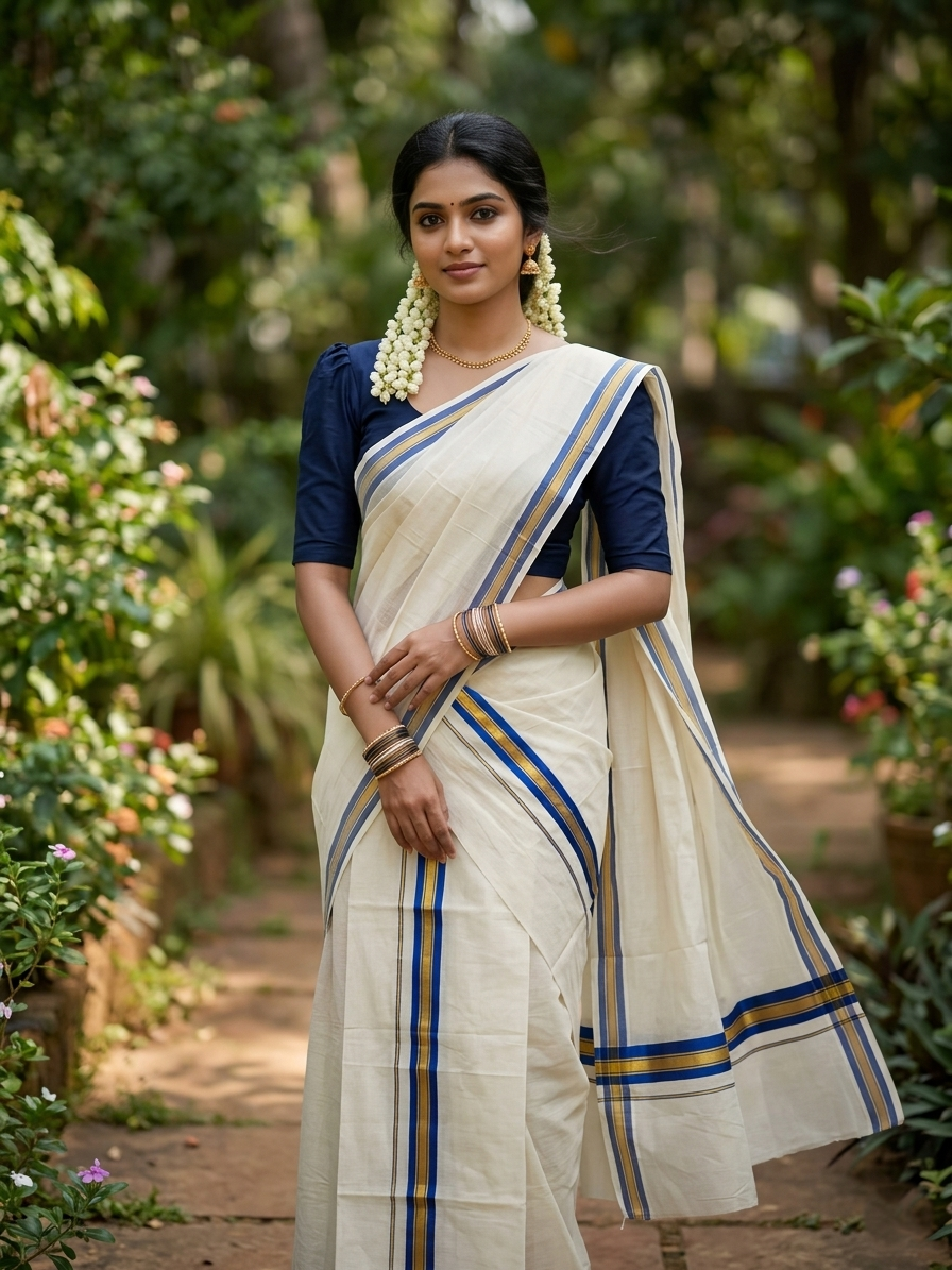Pure Cotton Kerala Single Set Mundu (Mundum Neriyathum) with Blue Kasavu Border in 2.80 Mtrs