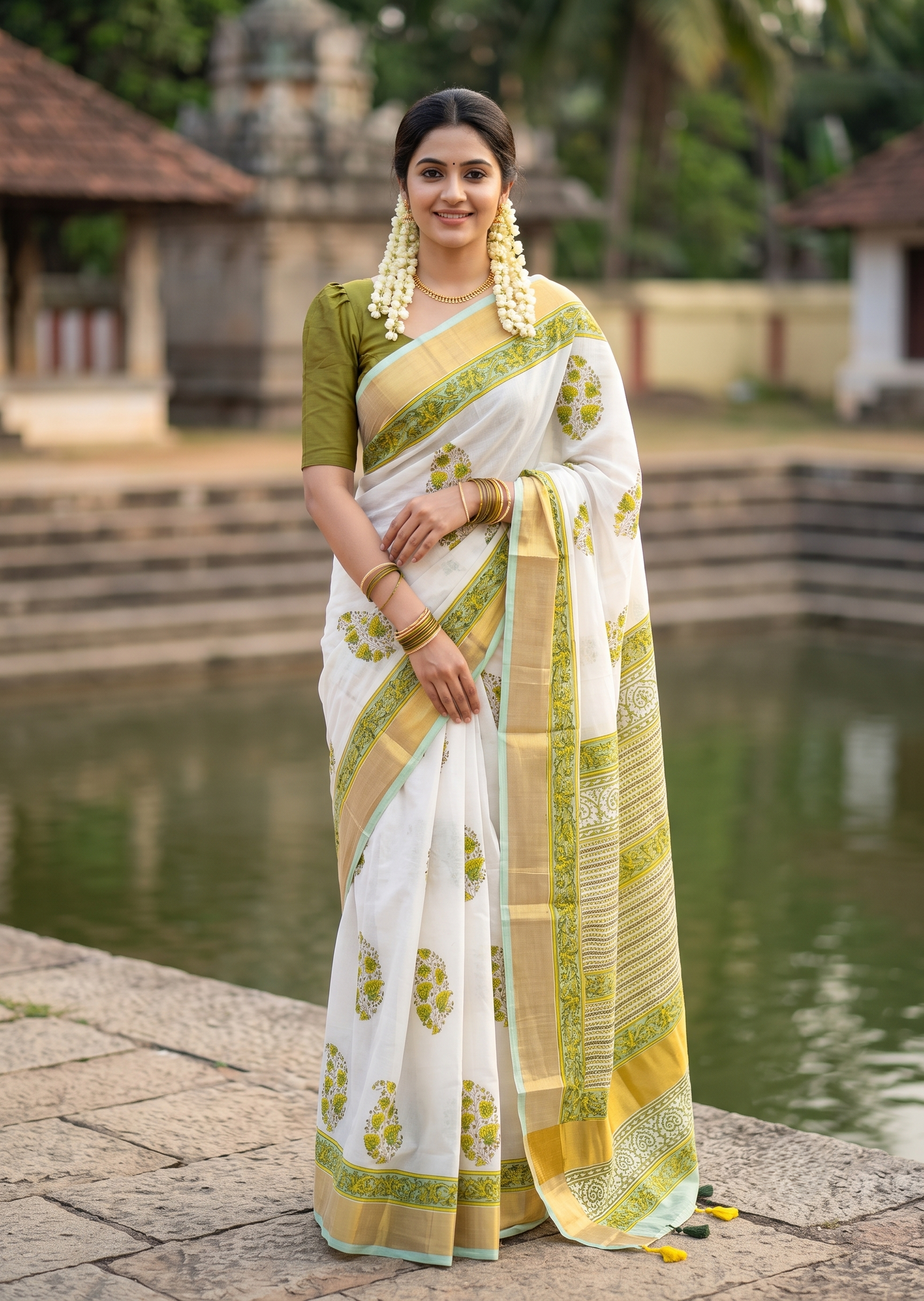 Southloom Cotton Kerala Kasavu Saree with Jaipur Block Printed on Body And Borders in Green SL561