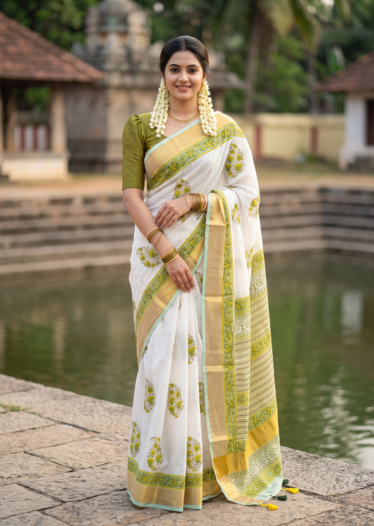 Southloom Cotton Kerala Kasavu Saree with Jaipur Block Printed on Body And Borders in Green SL561