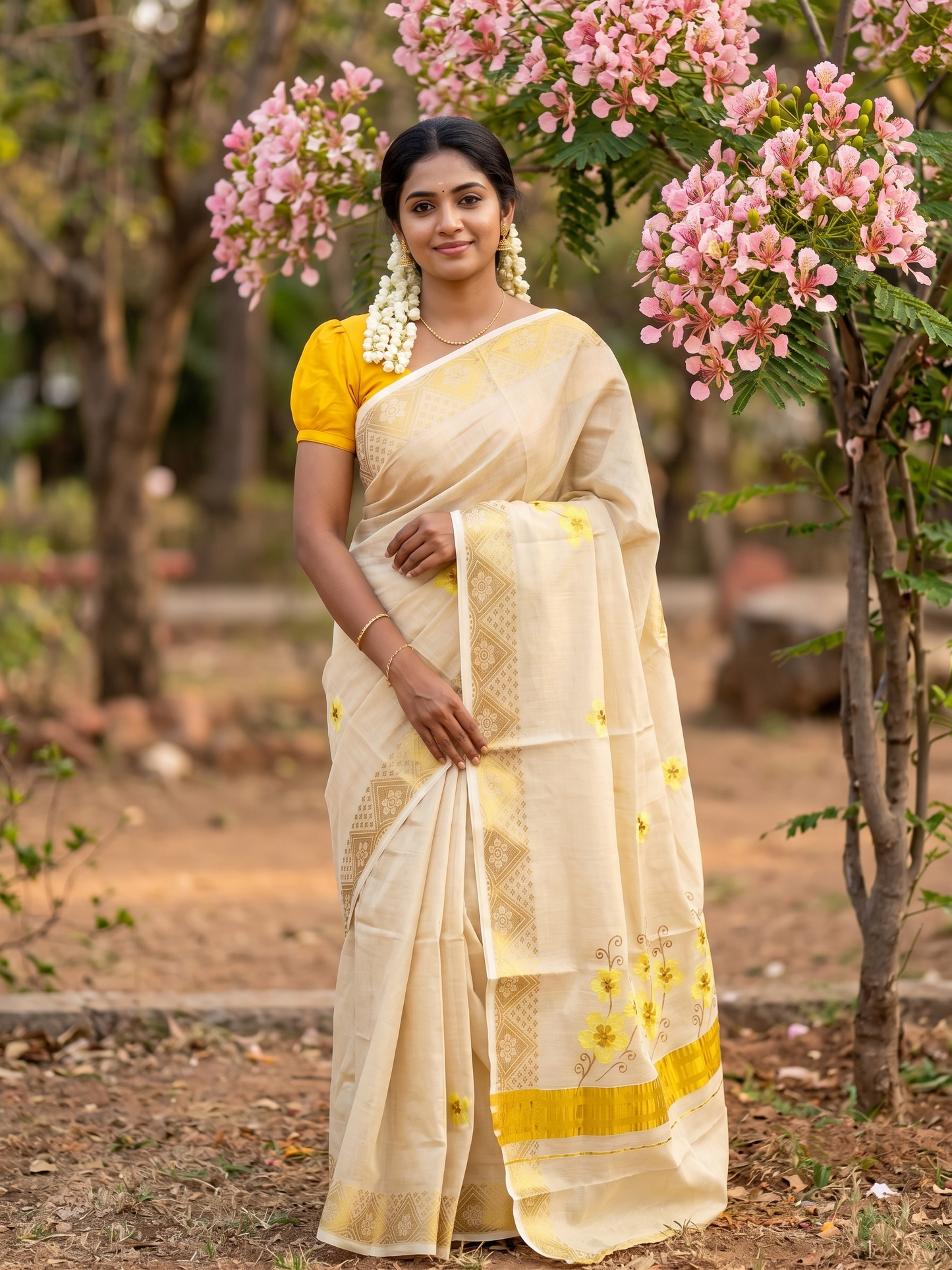 Southloom Kerala Tissue Kasavu Saree with Yellow Floral Embroidery Work on Body