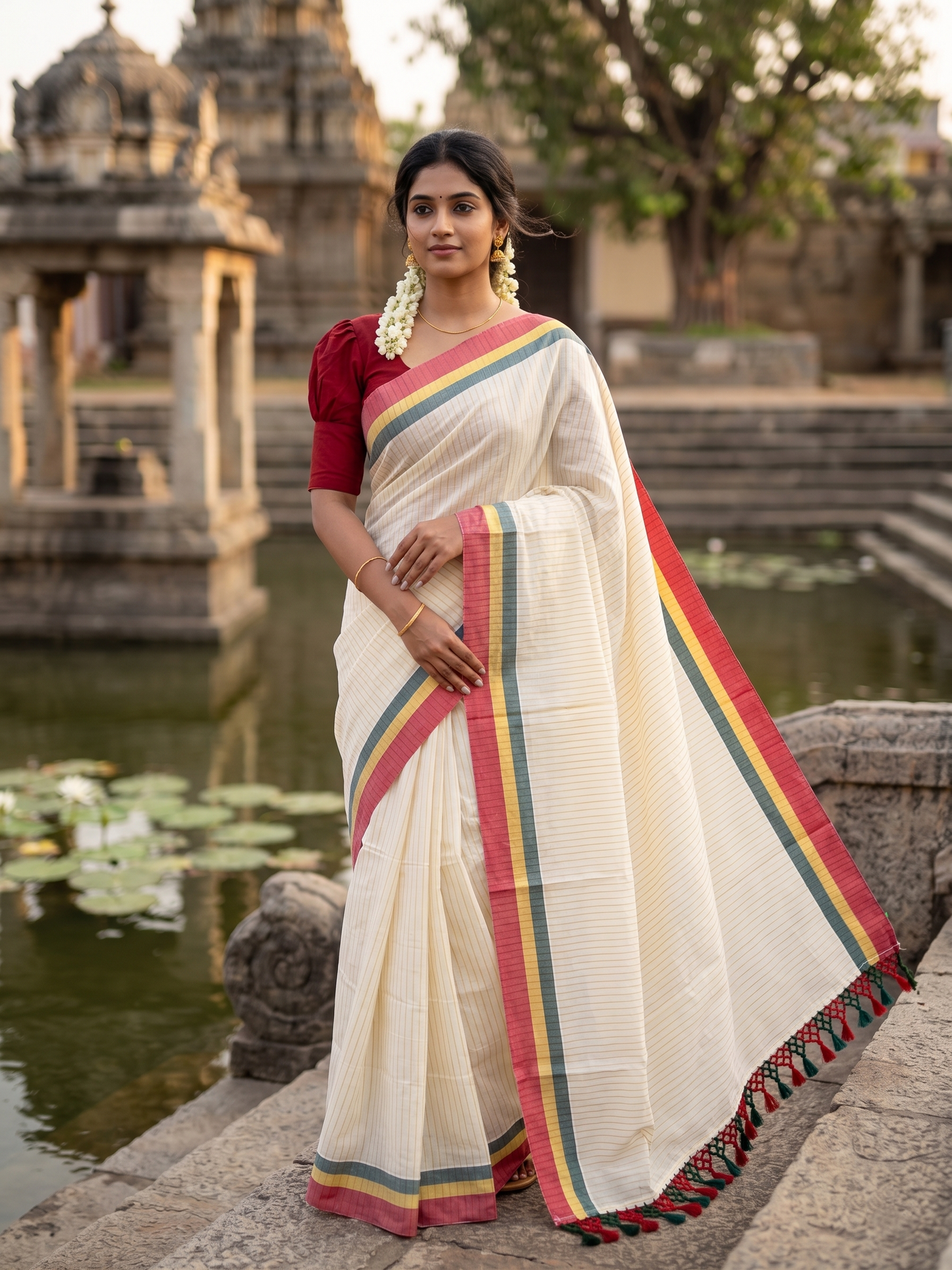 Southloom Cotton Kerala Kasavu Saree with Stripes on Body and Red & Green Border with Tussels SL492