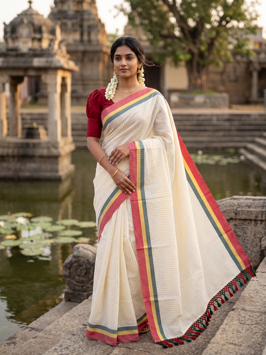 Southloom Cotton Kerala Kasavu Saree with Stripes on Body and Red & Green Border with Tussels SL492