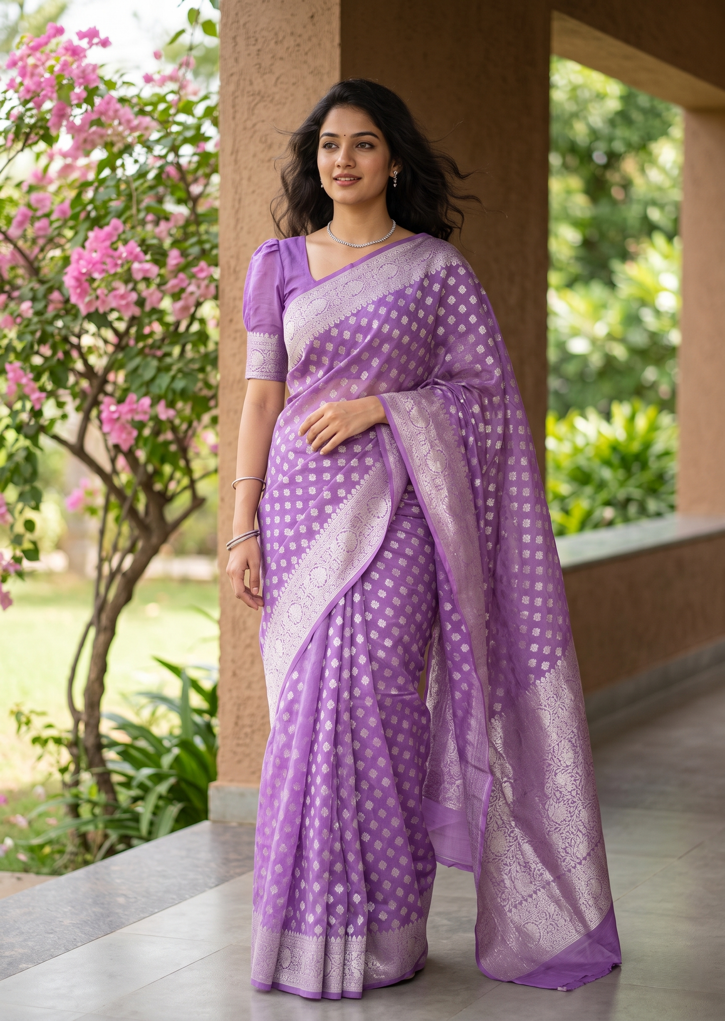 Southloom Cotton Banarasi Silk Saree with Woven Work on Body and Borders (Lavander)