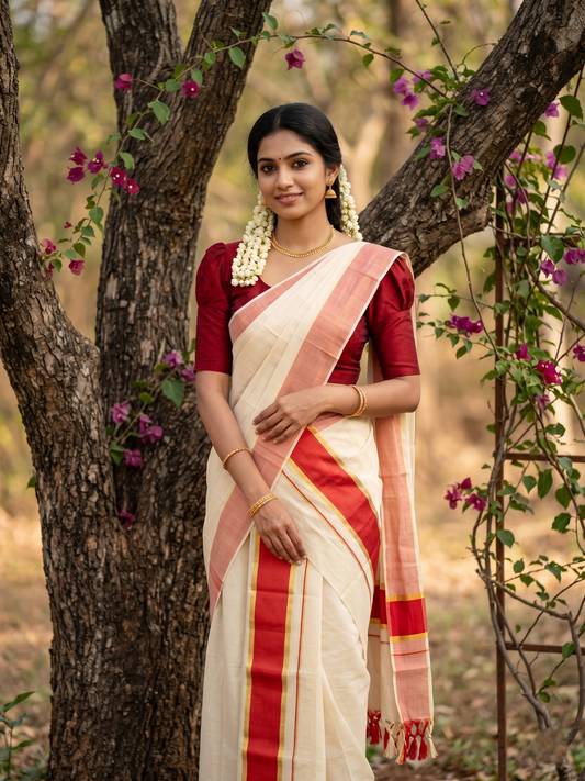 Southloom Kerala Tissue Kasavu Set Mundu (Mundum Neriyathum) with Red Border Tassels on Pallu in 2.80 Mtrs SL381