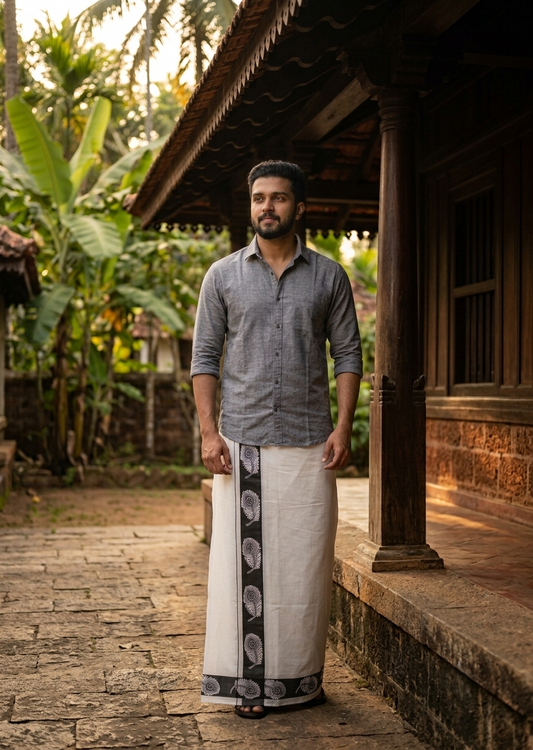 Southloom White Printed Single Mundu / Otta Mundu / Lungi (South Indian Kerala Dhoti)SL598