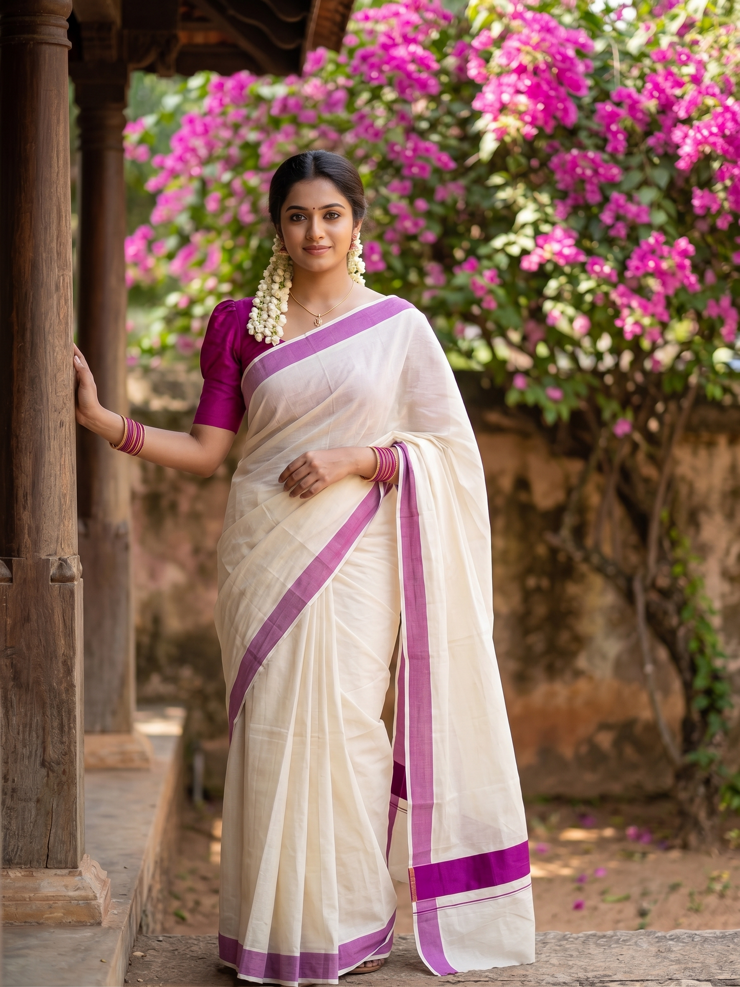 Southloom Kerala Pure Cotton Plain Kasavu Saree with Magenta Border 3 inch