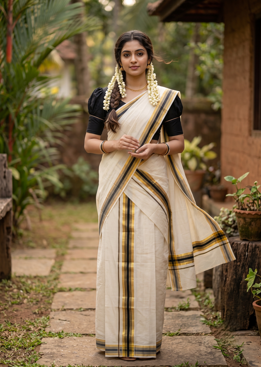 Southloom Kerala Cotton Mundum Neriyathum Single (Set Mundu) with Black and Kasavu Border 2.80 Mtrs SLKK