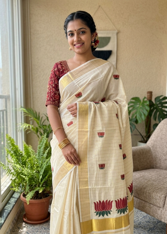 Kerala Tissue Kasavu Lines Saree With Maroon Lotus Embroidery SL172