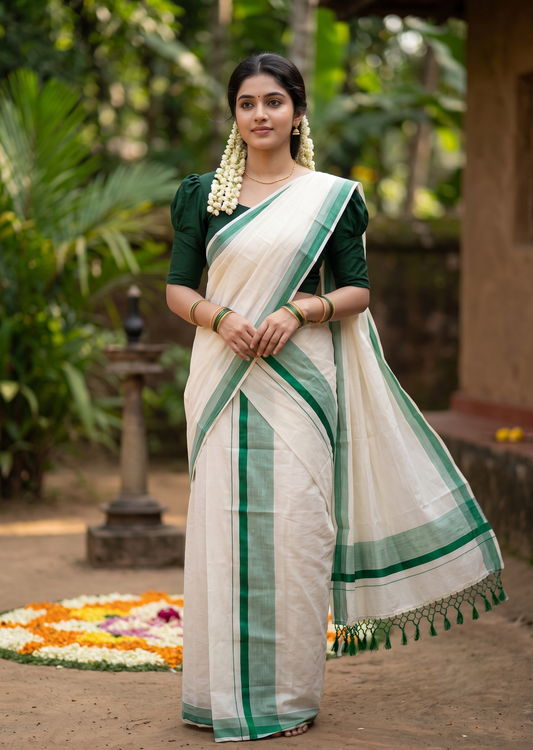 Southloom Kerala Cotton Mundum Neriyathum Single (Set Mundu) with Green Border 2.80 Mtrs