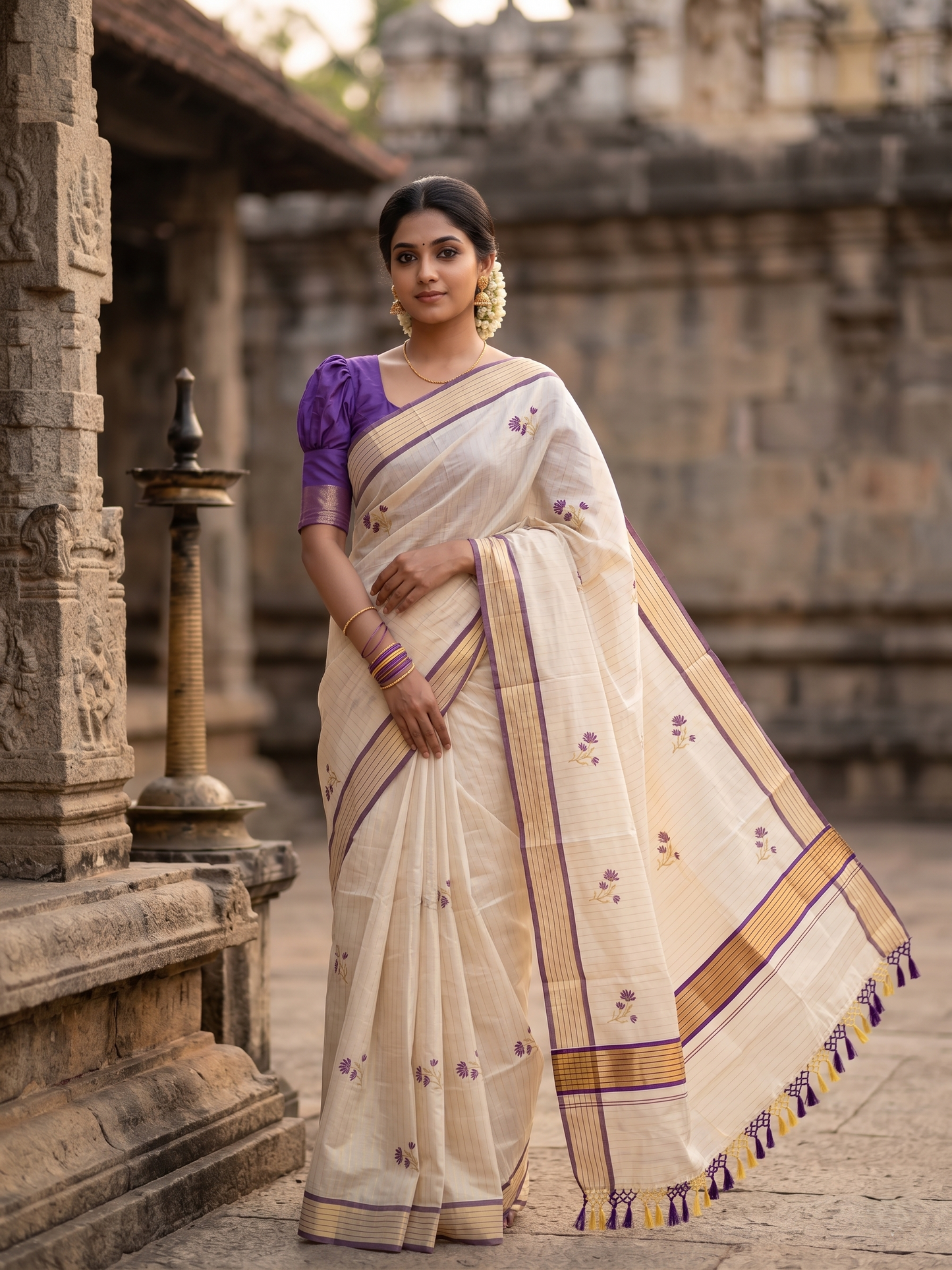 Southloom Kerala Tissue Saree With Violet Floral Embroidery Design SL249