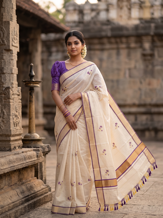 Southloom Kerala Tissue Saree With Violet Floral Embroidery Design SL249