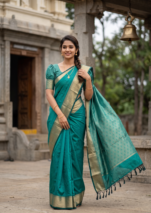 Southloom Silk Saree with Plain Body And Paisley Border in Green SL552