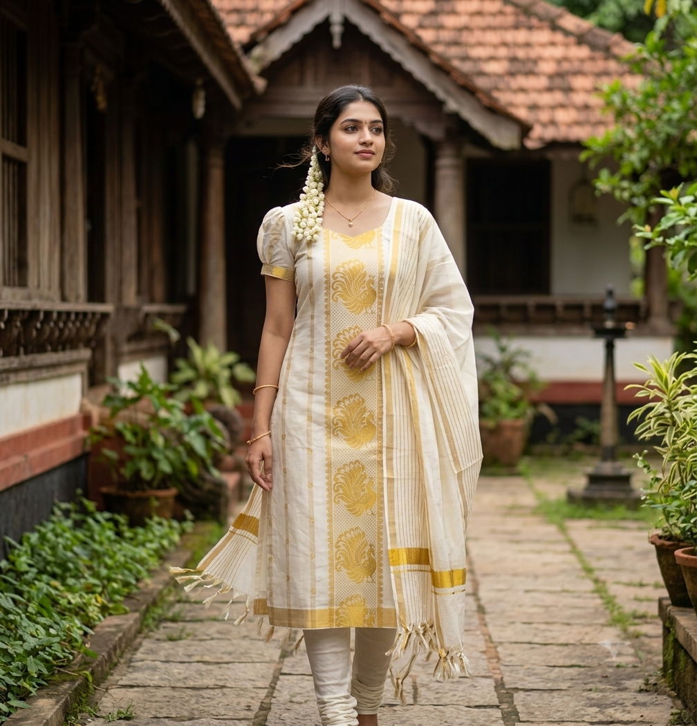 Southloom™ Cotton Churidar Salwar Suit Unstiched Material with Woven Peacock Design  (include Lines Shawl / Dupatta)