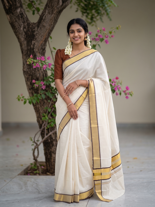 Southloom Kerala Cotton Kasavu Saree with Micro Stripes on Body In Brown Border SL361