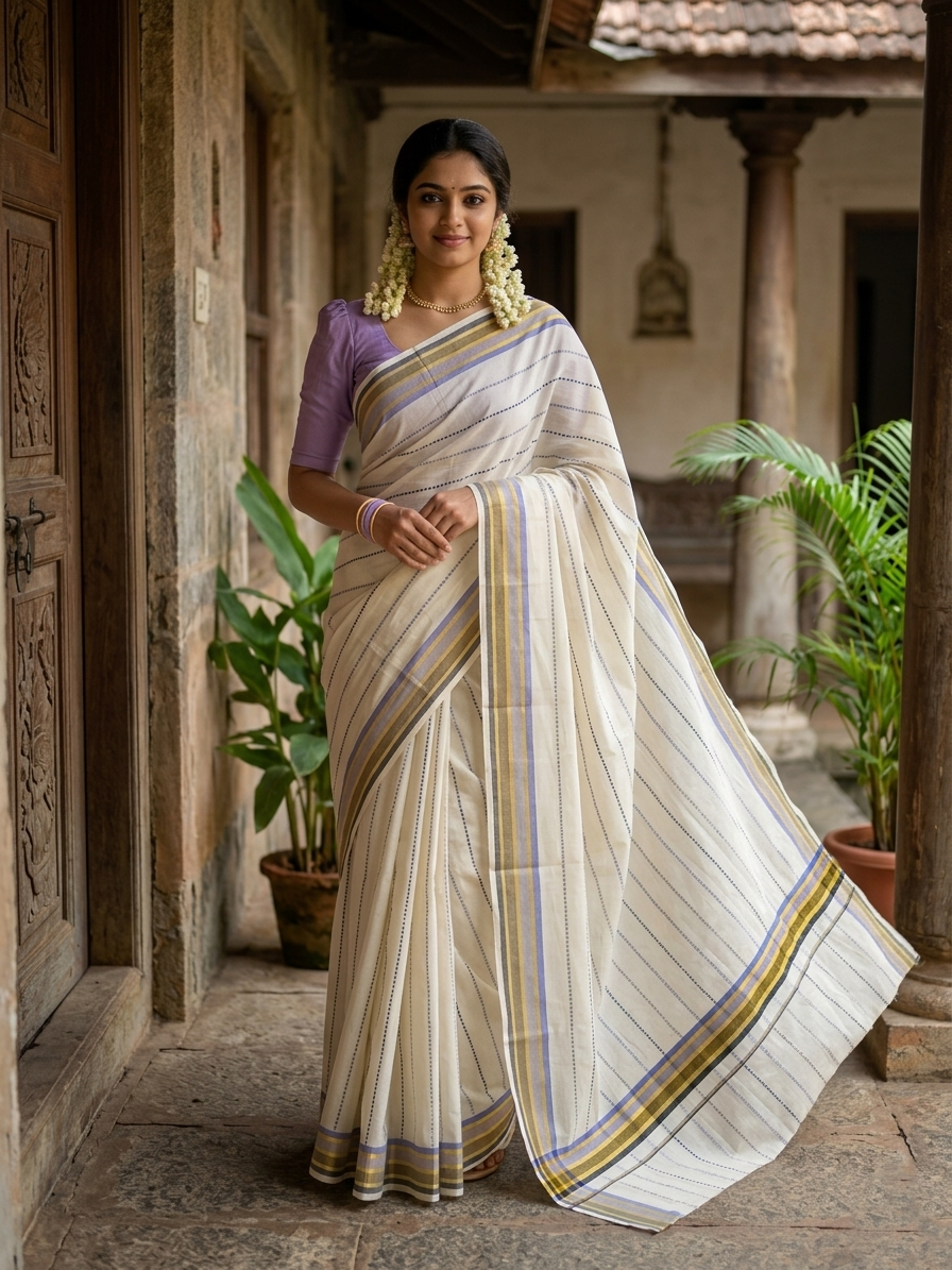 Southloom Cotton Kasavu Saree with Lavendar and Black Thread Work Across Body