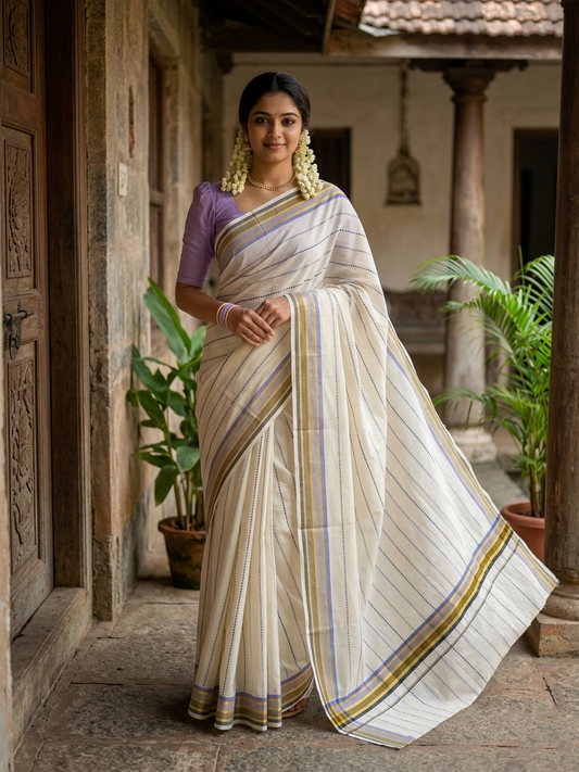 Southloom Cotton Kasavu Saree with Lavendar and Black Thread Work Across Body