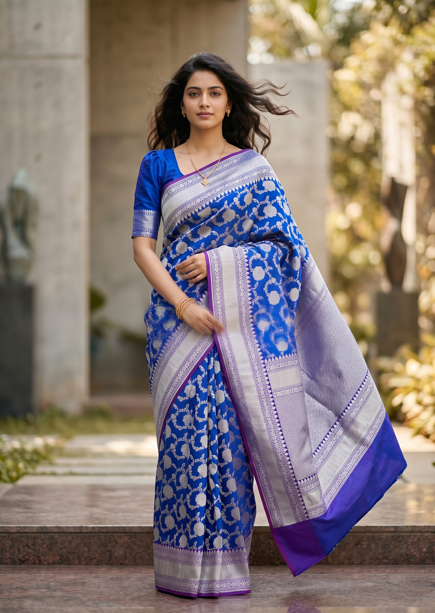 Southloom Pure Banarasi Silk Saree with Woven Work on Body and Borders (Blue And Magenta)