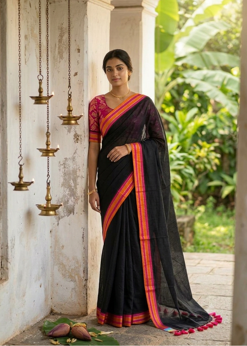 Kerala Mul Cotton Soft Fabric Saree In Black Border In Orange & Magenta SL215
