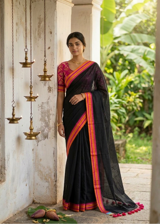 Kerala Mul Cotton Soft Fabric Saree In Black Border In Orange & Magenta SL215