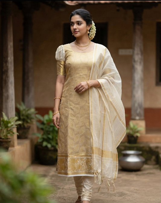 Southloon Tissue Churidar Salwar Suit Unstiched Material with Woven  Peacock Design  (include Lines Shawl / Dupatta) SL601
