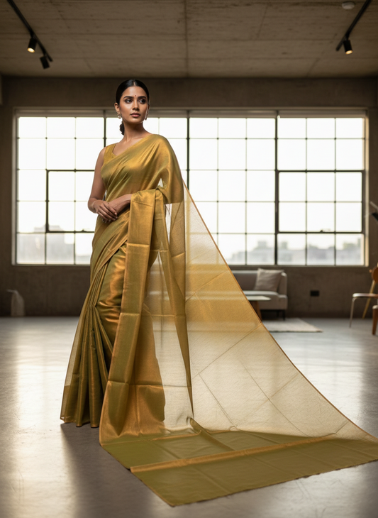 Southloom Semi Silk Brown & Green Tissue Saree With Embroidary Blouse Piece