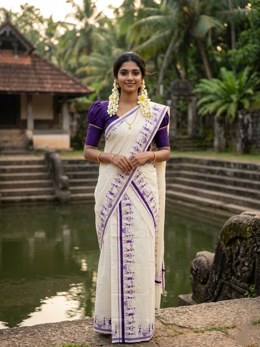 Southloom Pure Cotton Kerala Single Warly Print Set Mundu (Mundum Neriyathum) Violet Border in 2.50 mtrs  SL246