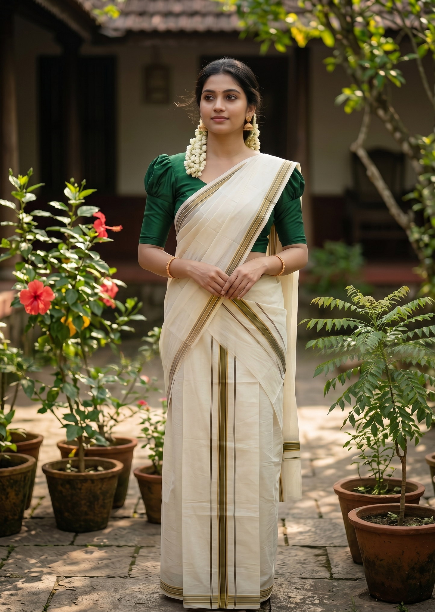 Southloom Pure Cotton Kerala Single Set Mundu (Mundum Neriyathum) with Green Kasavu Border in 2.80 Mtrs SLKK SL470