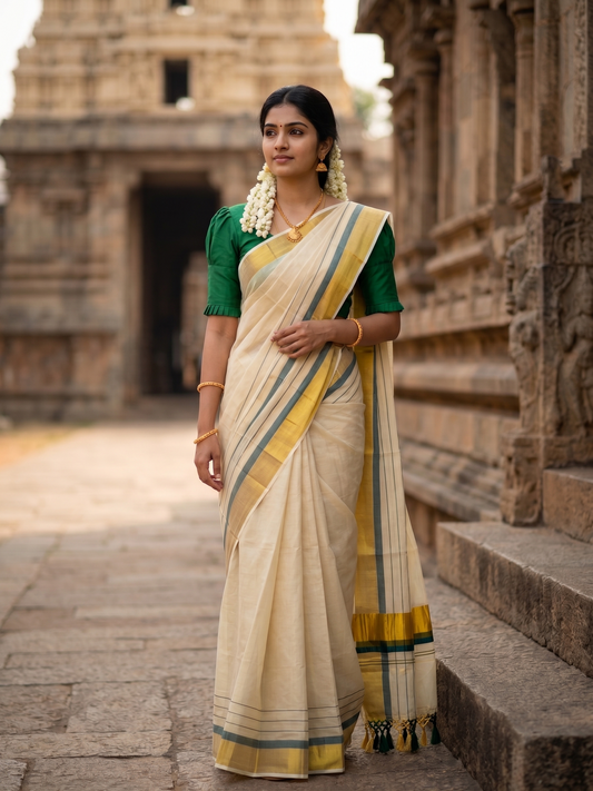 Southloom Kerala Tissue Kasavu Saree with Stripes on Body with Green Borders