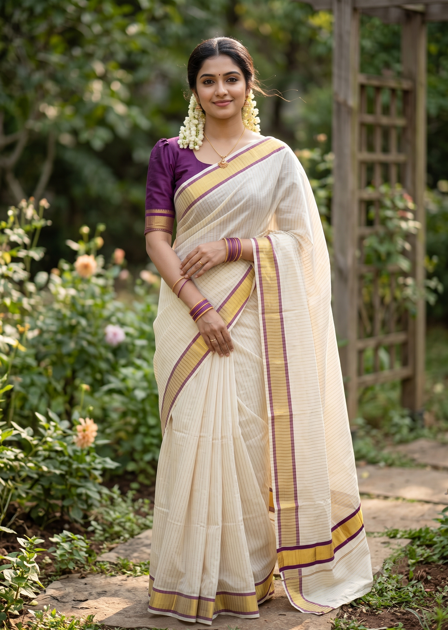 Southloom Pure Cotton Kerala Saree with Gold Kasavu Lines Across Body and purple Border
