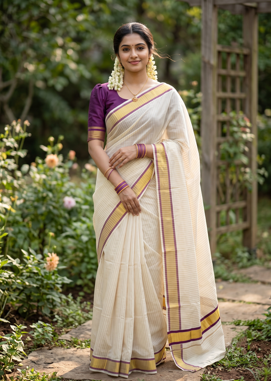 Southloom Pure Cotton Kerala Saree with Gold Kasavu Lines Across Body and purple Border