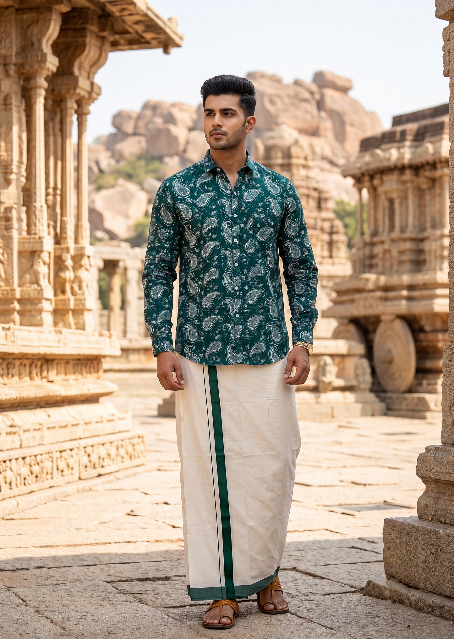 Southloom Cotton Jaipur Printed Men's Combo Full Sleeve (Shirt + Mundu) SLCOMBO SL564