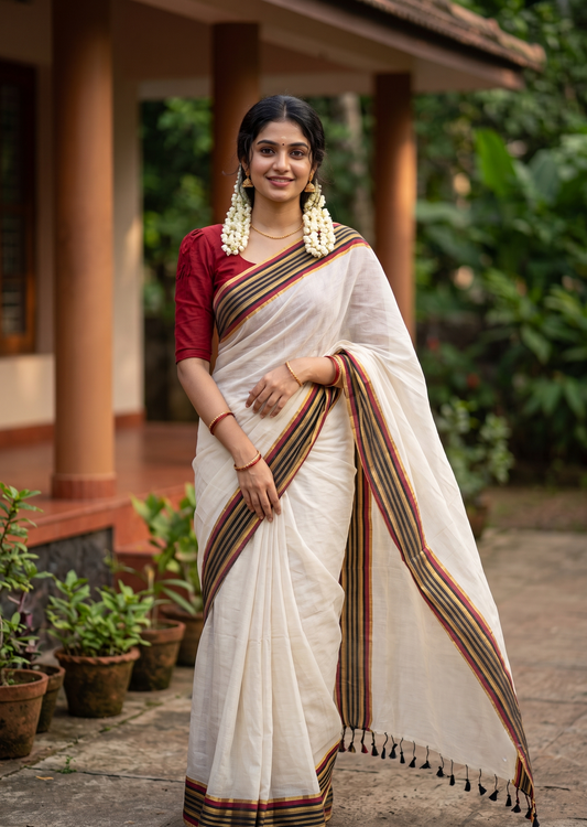 Southloom Mul Cotton 120 x 120 Soft Fabric Saree with  Black&Red Border SL215